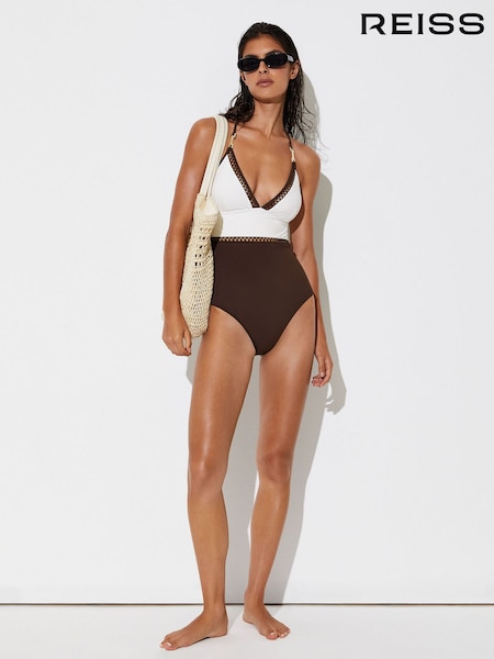 White/Chocolate Brown - Reiss Ray Colour-block Lattice-trim Swimsuit