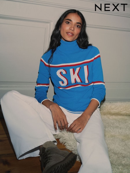 Blue Ski Slogan - Long Sleeve Roll Neck Jumper