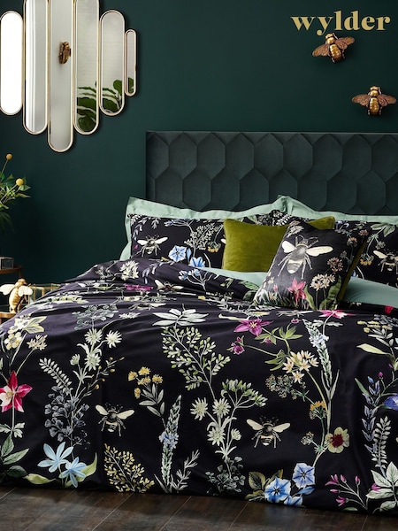 Wylder Black Midnight Bee Floral Printed Velvet Duvet Cover and Pillowcase Set (M15053) | £44 - £78
