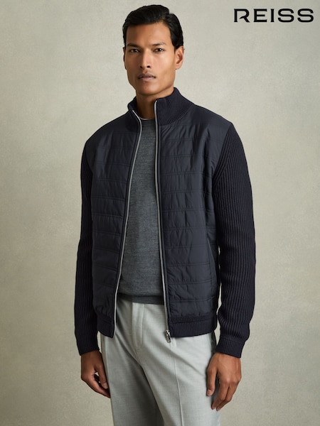 Reiss Navy Trainer Hybrid Quilt and Knit Zip-Through Jacket (M20812) | £178