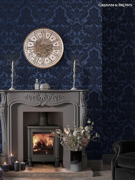 Graham & Brown Cobalt Blue Gothic Damask 10M Wallpaper (M23361) | £140
