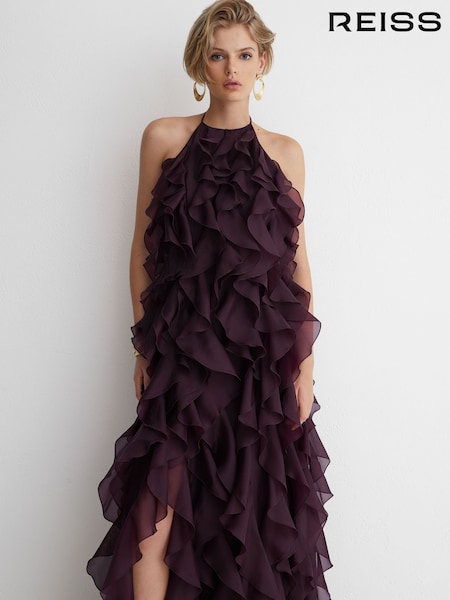 Grape Burgundy - Reiss Kiera Atelier Silk-organza Ruffle Maxi Dress