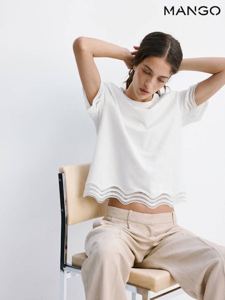 White - Mango Scallop Hem Broderie T-shirt