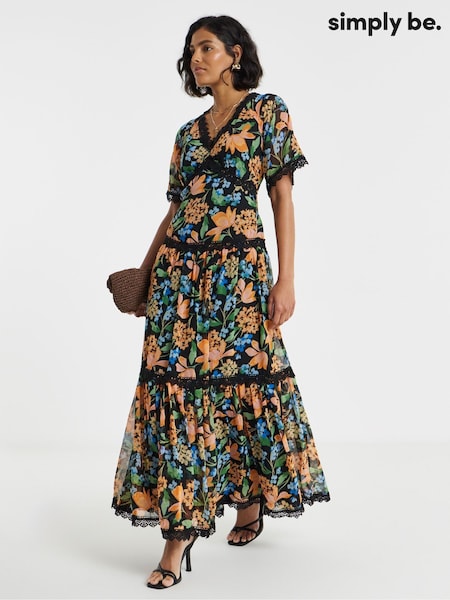 Black - Simply Be Short Sleeve Lace Detail Ladder Trim Maxi Dress