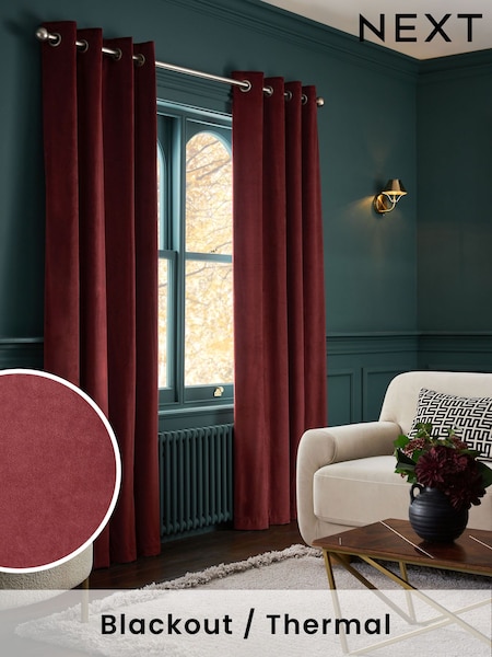 Red Burgundy Matte Velvet Blackout/Thermal Curtains (M27710) | £50 - £135
