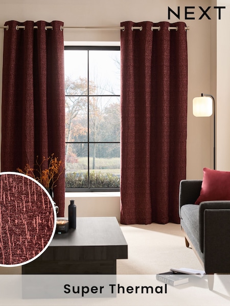Red Burgundy Heavyweight Chenille Eyelet Super Thermal Curtains (M30457) | £70 - £210