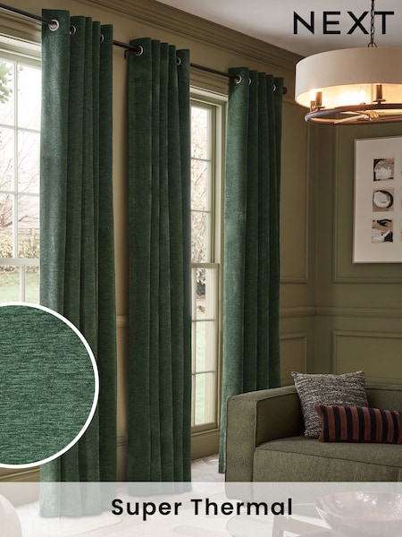 Green Soft Touch Chenille Super Thermal Eyelet Curtains (M30462) | £80 - £230