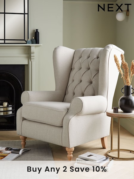 Tweedy Blend Oyster Natural Grande Sherlock Button Armchair (M33901) | £750