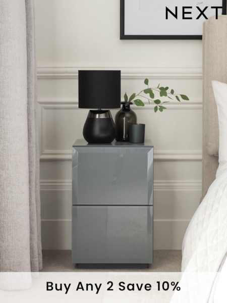 Grey Sloane Glass Collection Luxe 2 Drawer Slim Bedside Table (M35196) | £299