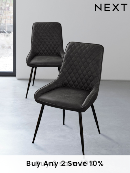 Set of 2 Monza Faux Leather Dark Grey Hamilton Black Leg Quilted Dining Chairs (M47181) | £290