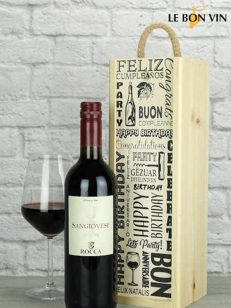 Happy Birthday Sangiovese Wood Box Gift by Le Bon Vin (M48898) | £35