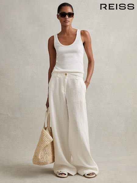 Reiss White Demi Linen Wide Leg Garment Dyed Trousers (M48941) | £150