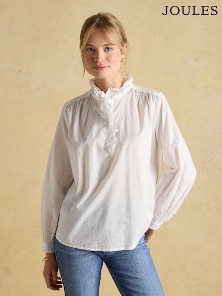 Joules Melanie White Cotton Ruffle Blouse (M51924) | £49
