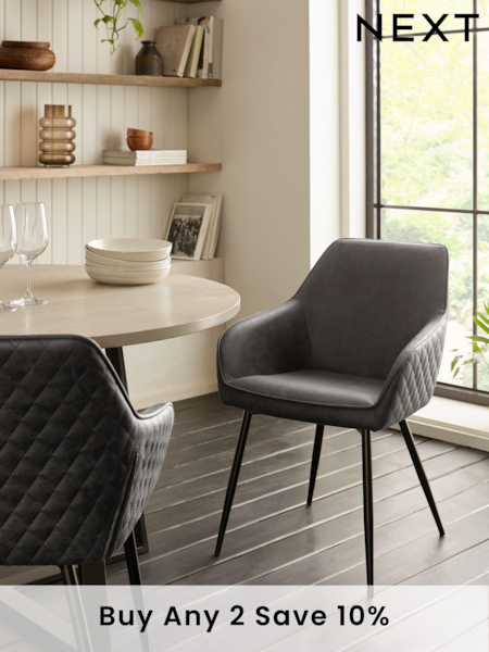 Set of 2 Monza Faux Leather Dark Grey Hamilton Black Leg Quilted Dining Chairs (M53058) | £340