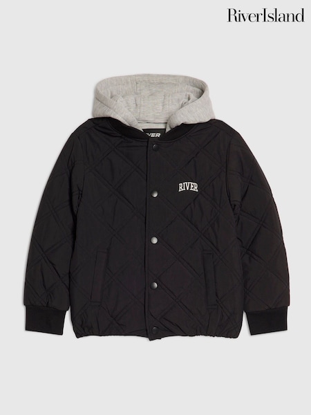 Black - River Island Quilted Hooded Bomber Jacket
