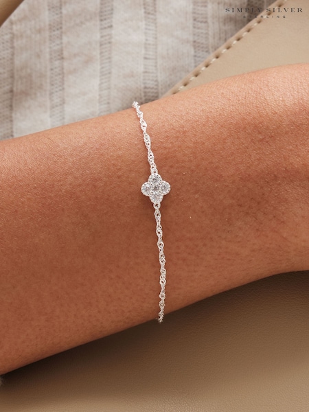925 Sterling Silver - Simply Silver Cubic Zirconia Clover Bracelet Gift Pouch