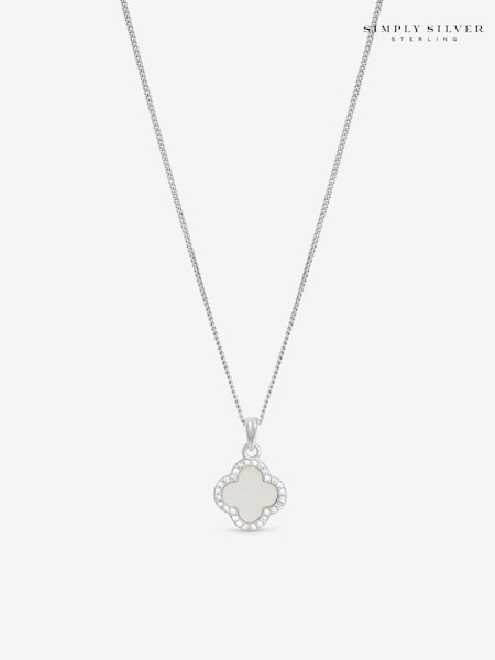 925 Sterling Silver - Simply Silver Cubic Zirconia And Mother Of Pearl Clover Pendant Necklace Gift Pouch