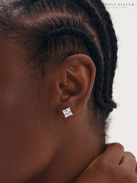 925 Sterling Silver - Simply Silver Princess Cut Studs 7mm Earrings