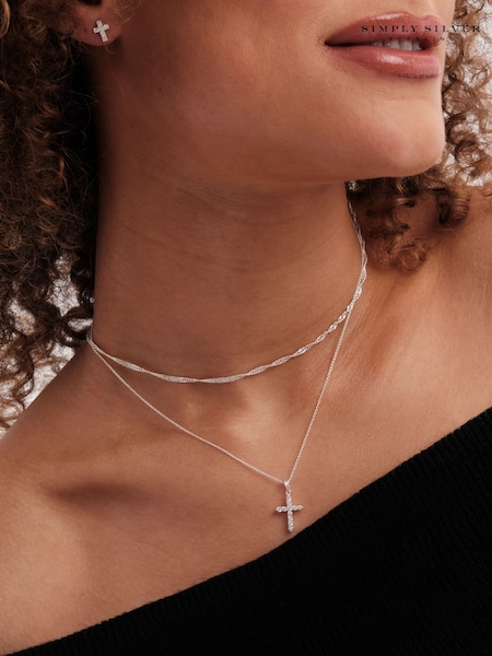 925 Sterling Silver - Simply Silver Cubic Zirconia Cross Necklace Gift Pouch