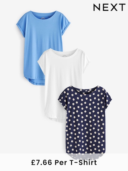 White/Blue/Daisy Print Cap Sleeve 100% Cotton T-Shirts 3 Pack (M63553) | £23