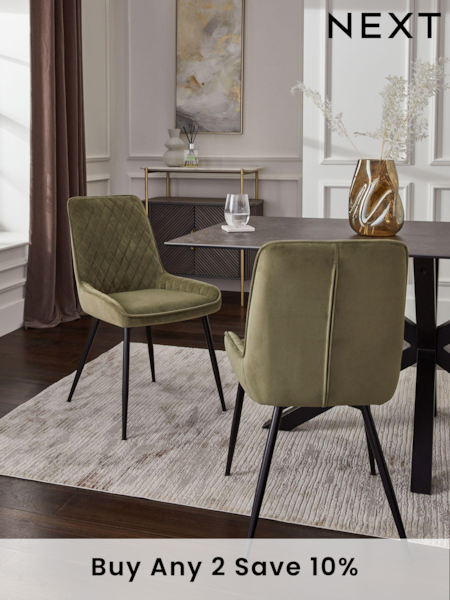 Set of 2 Soft Velvet Dark Sage Green Hamilton Black Leg Quilted Dining Chairs (M66845) | £260