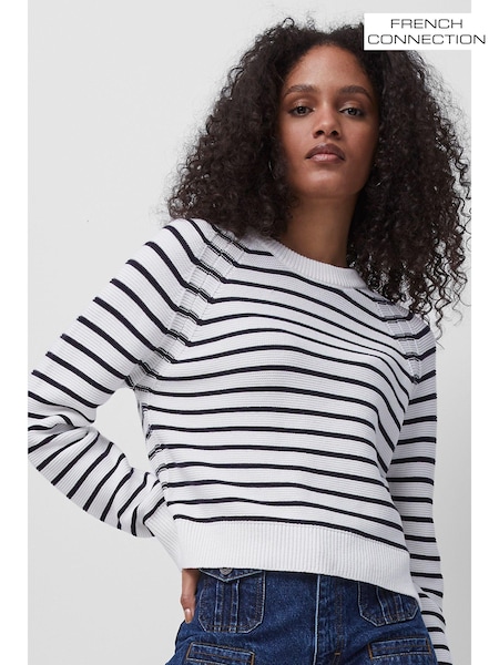 French Connection White Stripe Lillie Mozart 100% Cotton Crew Neck Jumper (M70049) | £65