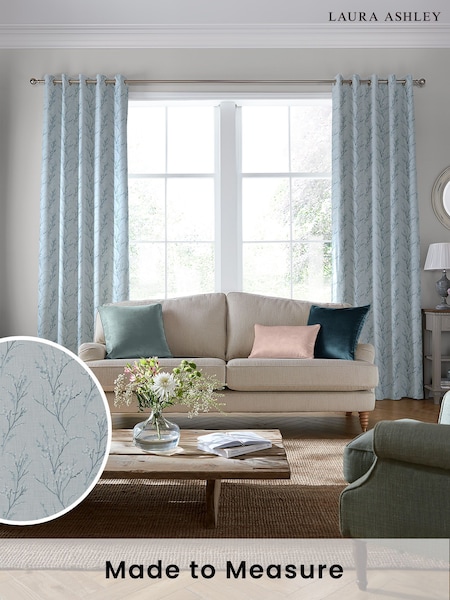Laura Ashley Blue Pussy Willow Embroidered Made To Measure Curtains (M71536) | £119