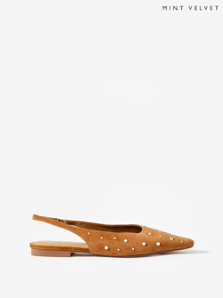 Brown - Mint Velvet Casey Suede Studded Slingback Flats