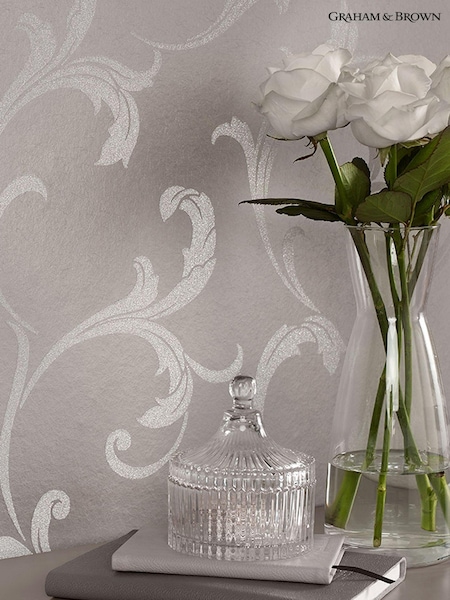 Graham & Brown Silver Baroque 10M Wallpaper (M78242) | £140