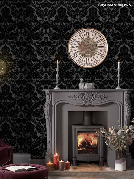 Graham & Brown Black Gothic Damask Wallpaper Sample (M78325) | £1