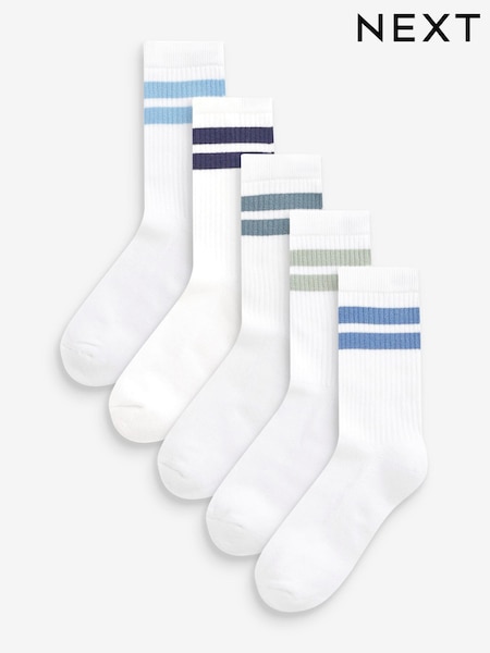 White/Blue 5 Pack Cushioned Footbed Cotton Rich Ribbed Socks (M80207) | £7 - £10