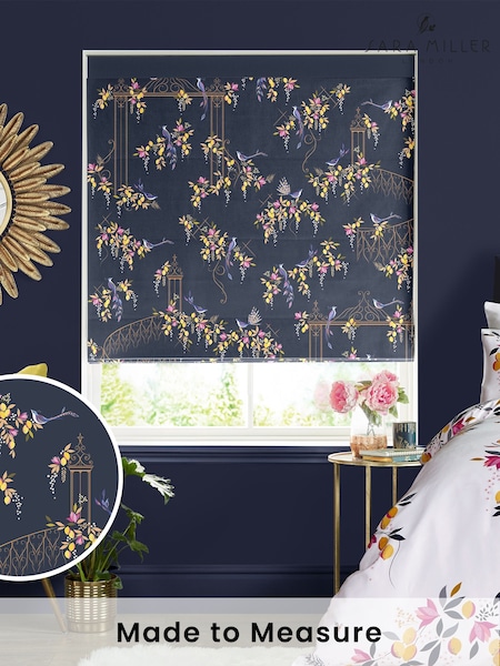 Sara Miller Navy 100% Cotton Birds & Gate Made to Measure Roman Blind (M88548) | £79