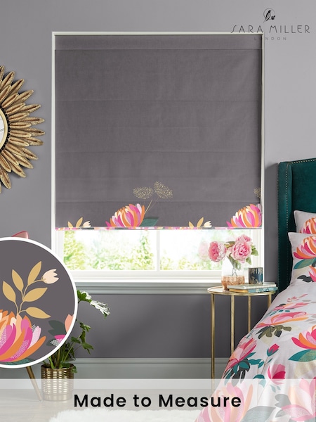 Sara Miller Dark Grey 100% Cotton Peony Border Made to Measure Roman Blind (M88572) | £79