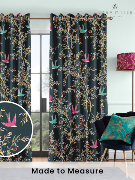 Sara Miller Forest Green 100% Cotton Swallows Made to Measure Curtains (M91921) | £91