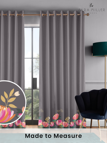 Sara Miller Dark Grey 100% Cotton Peony Border Made to Measure Curtains (M91925) | £91