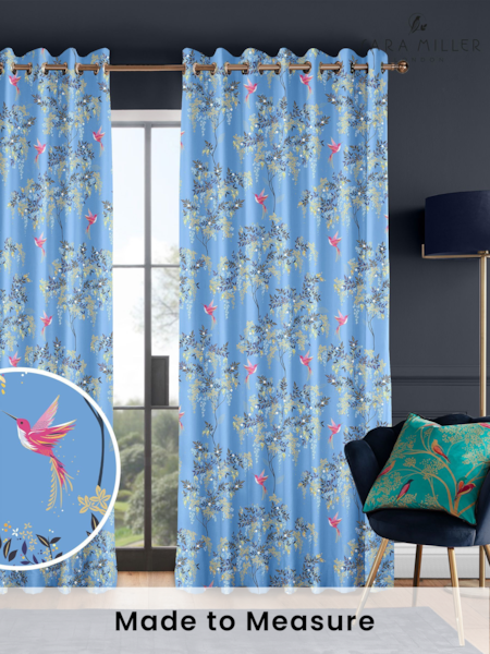 Sara Miller Cornflower Blue 100% Cotton Hummingbird Made to Measure Curtains (M91926) | £91