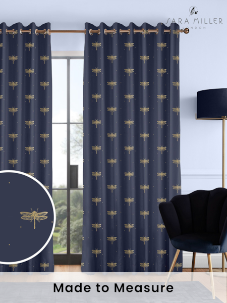 Sara Miller Navy 100% Cotton Dragonfly Made to Measure Curtains (M91927) | £91