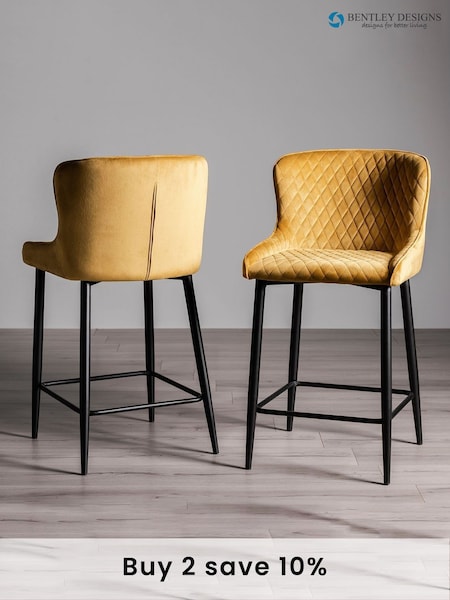 Bentley Designs Set of 2 Mustard Yellow Cezanne Velvet Fabric Bar Stools (M96883) | £260
