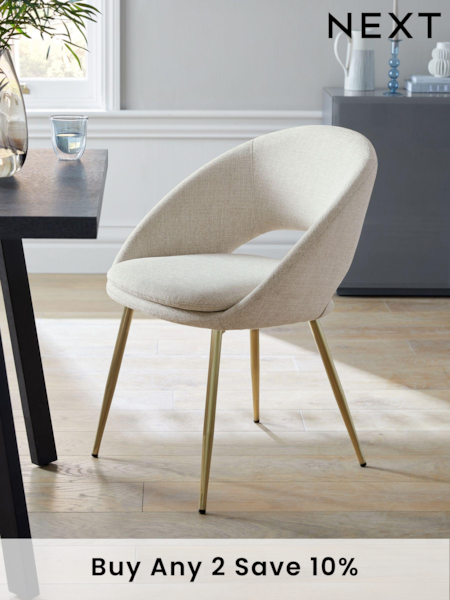 Set of 2 Light Natural Tweedy Plain Hewitt Upholstered Gold Effect Leg Dining Chairs (M97708) | £320