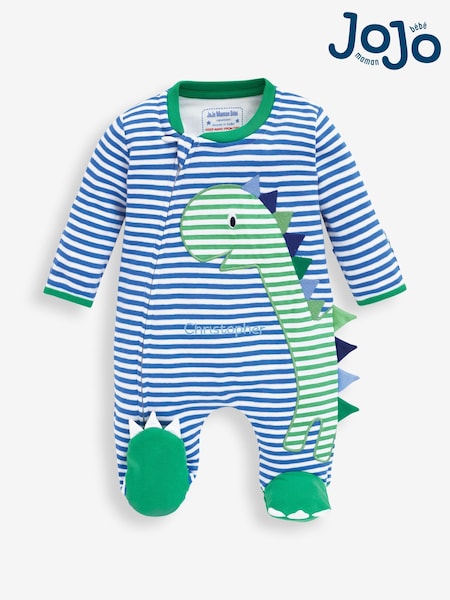JoJo Maman Bébé Blue Dinosaur Personalised Appliqué Cotton Zip Baby Sleepsuit (N00956) | £28
