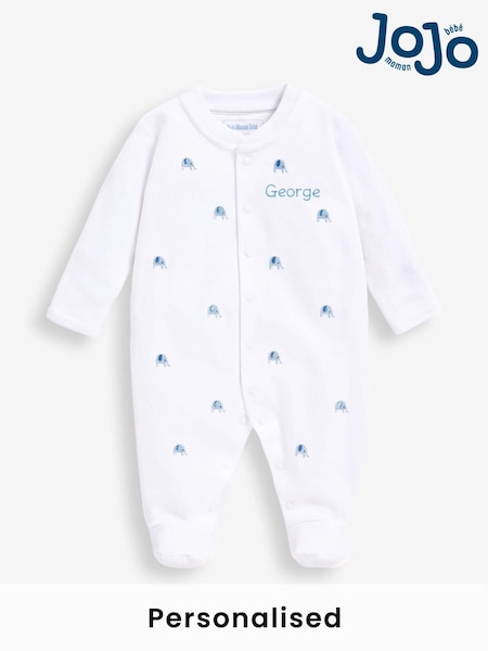 JoJo Maman Bébé Blue Elephant Personalised Embroidered Cotton Baby Sleepsuit (N00959) | £27