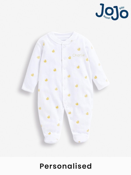 JoJo Maman Bébé Yellow Duck Personalised Embroidered Cotton Baby Sleepsuit (N00960) | £27