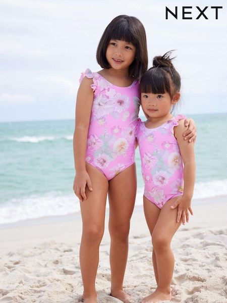 Pink Floral Frill Sleeve Swimsuit (3mths-12yrs) (N02771) | £12 - £16