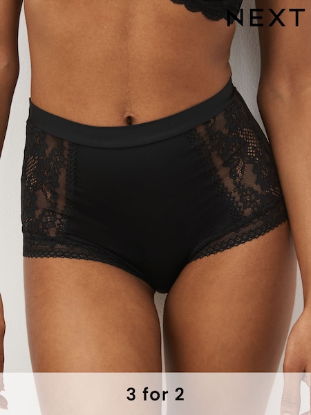 Black High Rise Microfibre And Lace Knickers (N04811) | £9