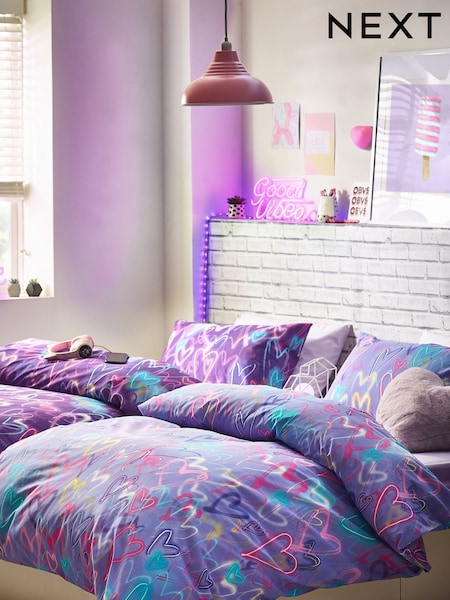 2 Pack Purple Neon Hearts Duvet Cover and Pillowcase Set (N05375) | £30 - £42