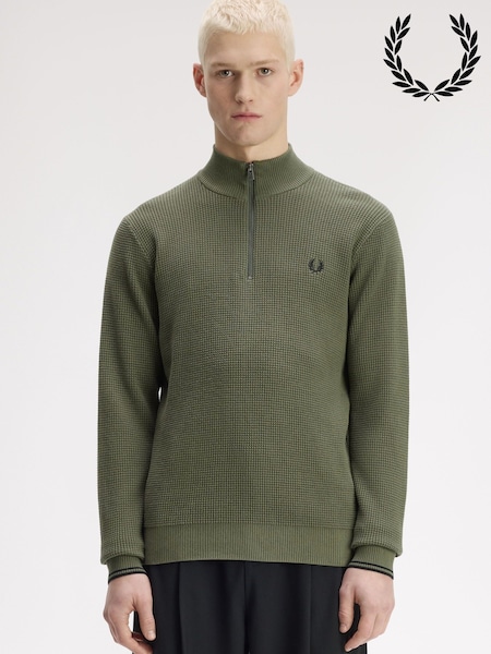 Green - Regular Fred Perry Waffle Stitch Half Zip Jumper