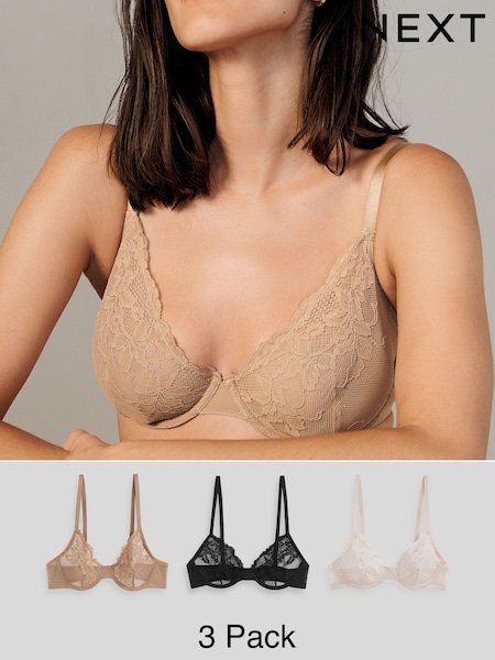 Black/Nude/Cream Non Pad Full Cup Lace Bras 3 Pack A-E (N09351) | £34