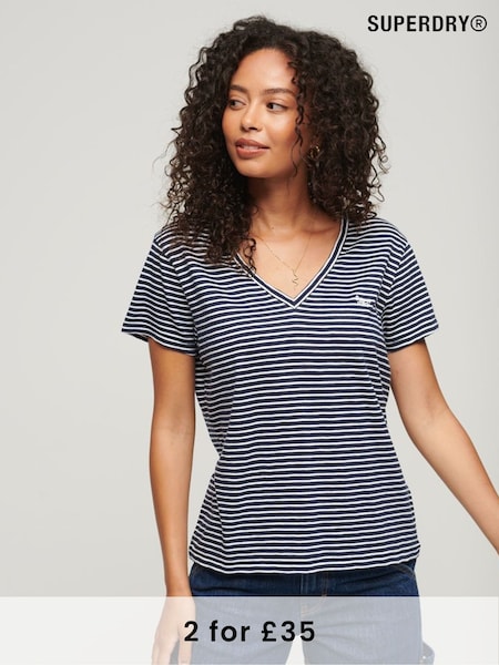 Superdry Navy Stripe Slub Embroidered V-Neck T-Shirt (N11250) | £20