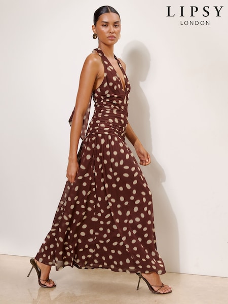 Brown - Lipsy Spot Halter V-neck Fit And Flare Maxi Dress
