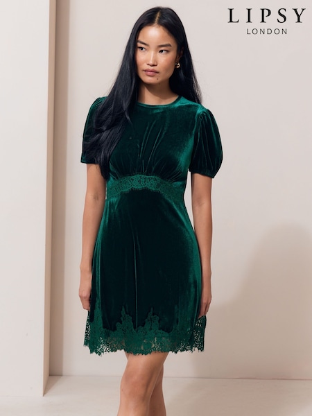 Green - Velvet Lace Trim Short Sleeve Mini Dress